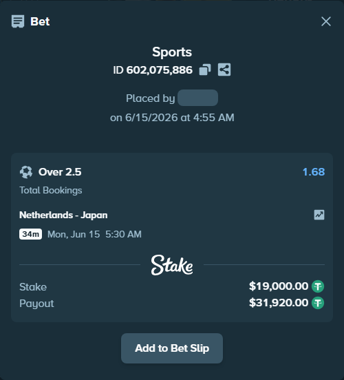 Bet slip: Netherlands - Japan, $19,019.00 stake at 1.68 odds, placed by rajlev