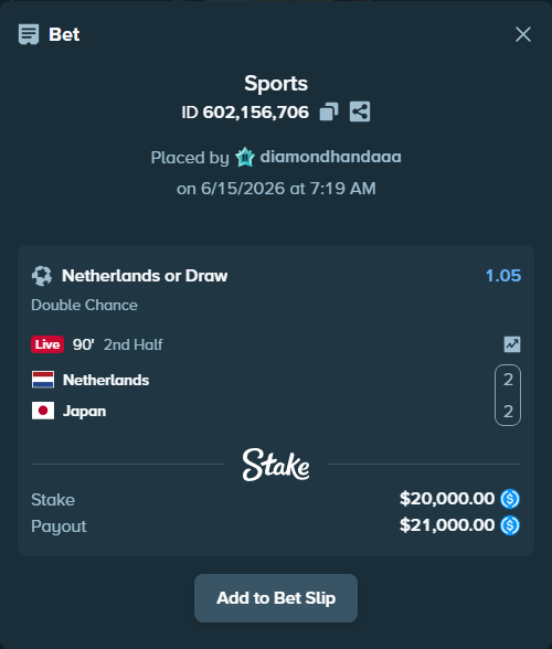 Bet slip: Netherlands - Japan, $20,000.00 stake at 1.05 odds, placed by diamondhandaaa