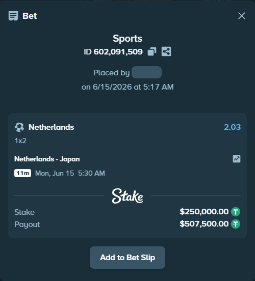 Bet slip: Netherlands - Japan, $250,250.00 stake at 2.03 odds, placed by gemcabal