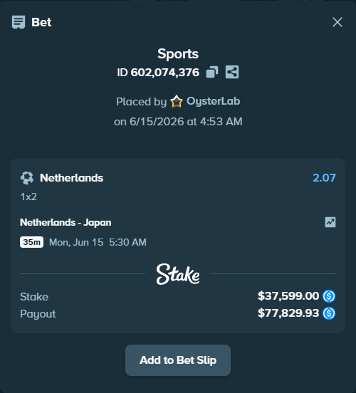 Bet slip: Netherlands - Japan, $37,599.00 stake at 2.07 odds, placed by OysterLab