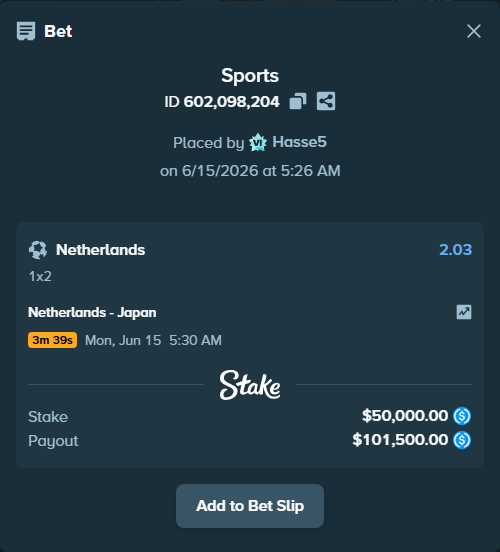 Bet slip: Netherlands - Japan, $50,000.00 stake at 2.03 odds, placed by Hasse5