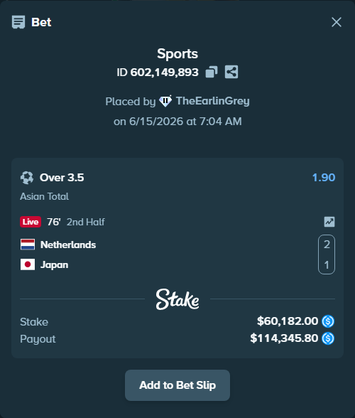 Bet slip: Netherlands - Japan, $60,182.00 stake at 1.90 odds, placed by TheEarlinGrey