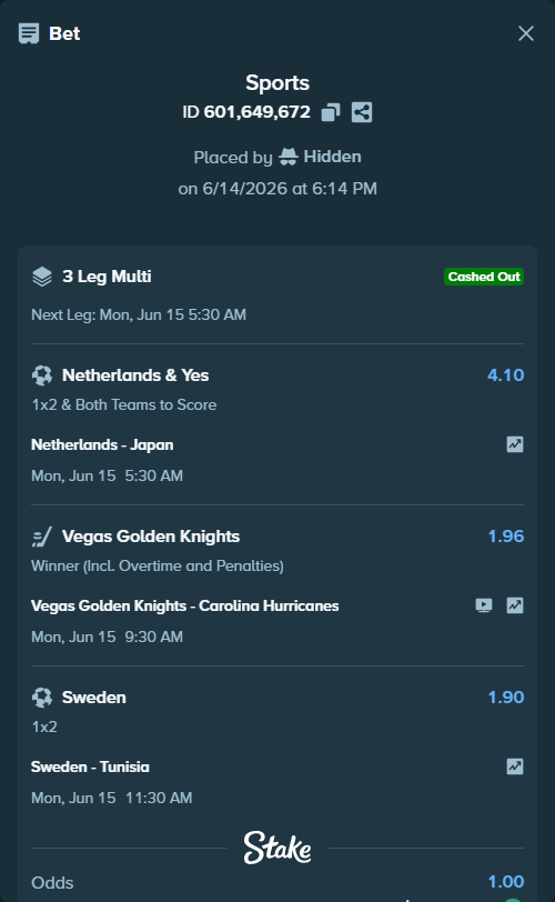 Bet slip: Netherlands - Japan, $70,000.00 stake at 4.10 odds, placed by Hidden