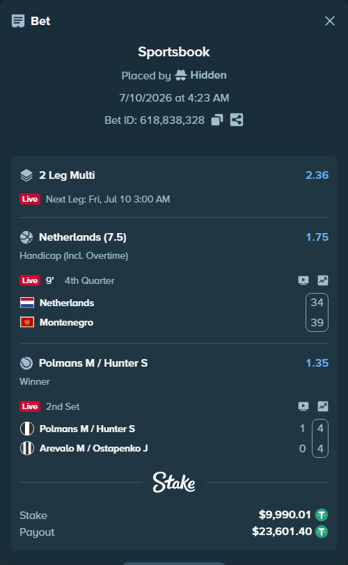 Bet slip: Netherlands - Montenegro, $10,000.00 stake at 1.75 odds, placed by Hidden