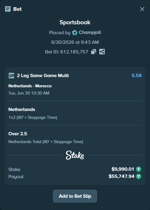 Bet slip: Netherlands - Morocco, $10,000.00 stake at 2.29 odds, placed by Champjoll