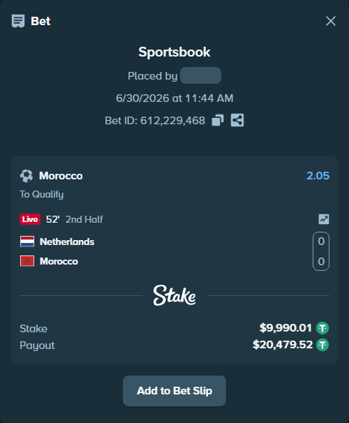 Bet slip: Netherlands - Morocco, $10,000.00 stake at 2.05 odds, placed by VadimKotlyar