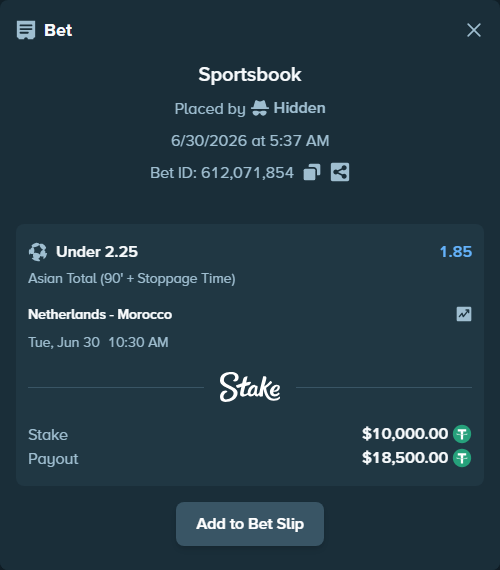 Bet slip: Netherlands - Morocco, $10,010.00 stake at 1.85 odds, placed by zhanjinkun