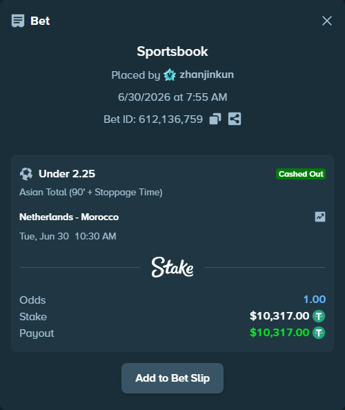 Bet slip: Netherlands - Morocco, $10,327.32 stake at 1.85 odds, placed by zhanjinkun