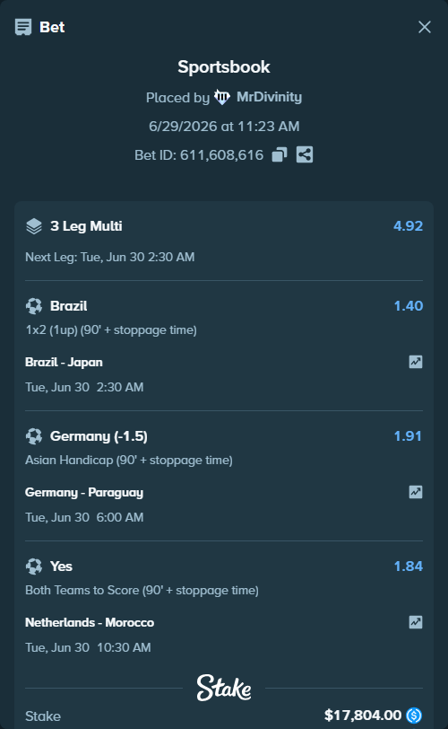 Bet slip: Netherlands - Morocco, $17,804.00 stake at 1.84 odds, placed by MrDivinity