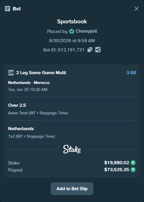 Bet slip: Netherlands - Morocco, $20,000.00 stake at 2.20 odds, placed by Champjoll