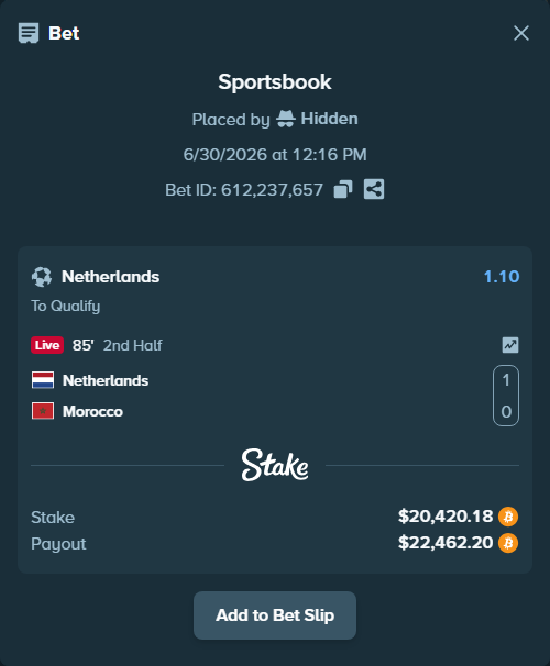 Bet slip: Netherlands - Morocco, $21,435.65 stake at 1.10 odds, placed by Hidden