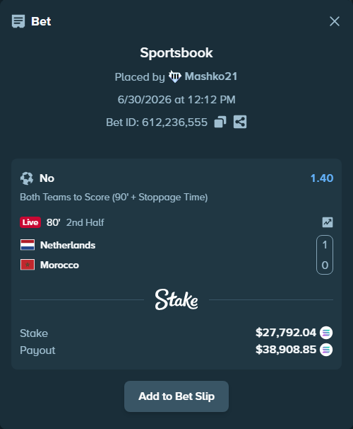 Bet slip: Netherlands - Morocco, $30,859.58 stake at 1.40 odds, placed by Mashko21