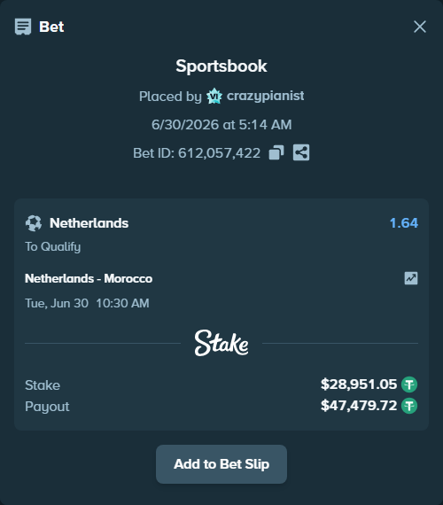 Bet slip: Netherlands - Morocco, $28,980.00 stake at 1.64 odds, placed by crazypianist