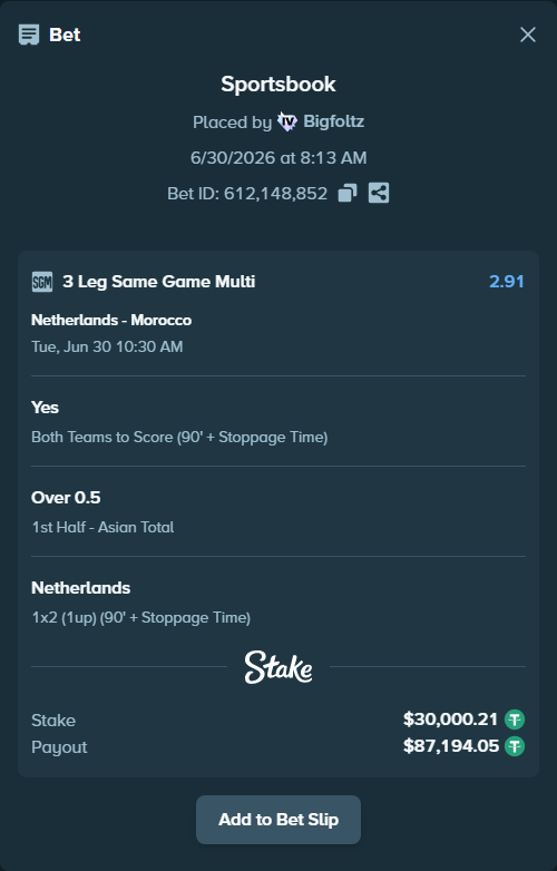 Bet slip: Netherlands - Morocco, $30,030.21 stake at 1.79 odds, placed by Bigfoltz