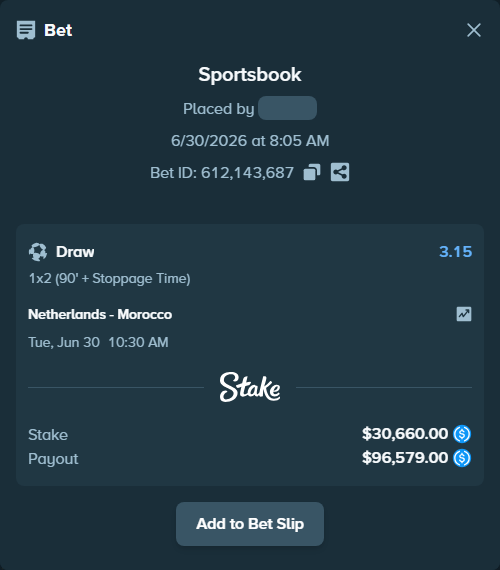 Bet slip: Netherlands - Morocco, $30,660.00 stake at 3.15 odds, placed by Ryancnnr