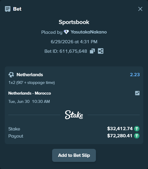 Bet slip: Netherlands - Morocco, $32,445.15 stake at 2.23 odds, placed by YasutakaNakano
