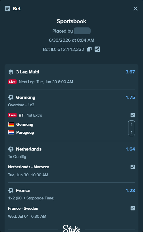 Bet slip: Netherlands - Morocco, $35,000.00 stake at 1.64 odds, placed by ArdianHertica