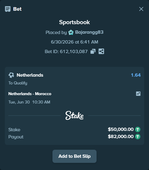 Bet slip: Netherlands - Morocco, $50,050.00 stake at 1.64 odds, placed by Bajarangg83