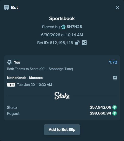 Bet slip: Netherlands - Morocco, $58,000.00 stake at 1.72 odds, placed by SH7N28