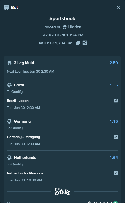Bet slip: Netherlands - Morocco, $675,000.00 stake at 1.64 odds, placed by Hidden