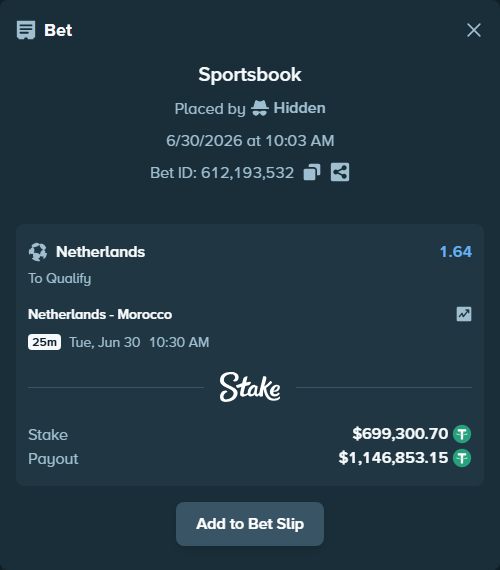 Bet slip: Netherlands - Morocco, $700,000.00 stake at 1.64 odds, placed by Hidden