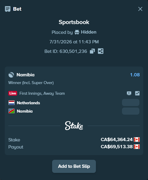 Bet slip: Netherlands - Namibia, $47,629.54 stake at 1.08 odds, placed by Hidden