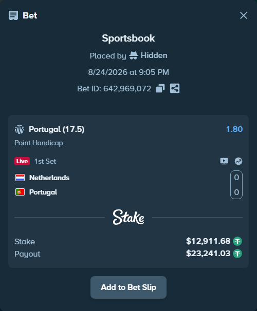 Bet slip: Netherlands - Portugal, $12,911.68 stake at 1.80 odds, placed by Hidden