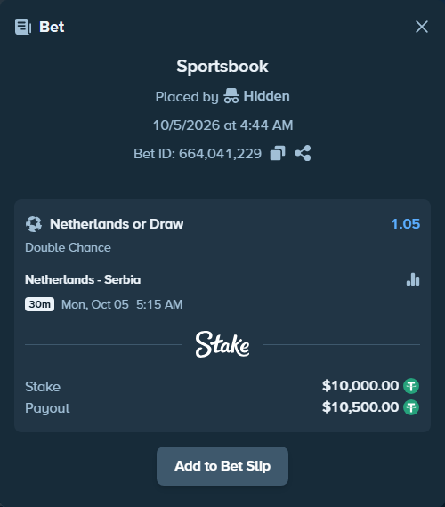 Bet slip: Netherlands - Serbia, $10,000.00 stake at 1.05 odds, placed by joche00