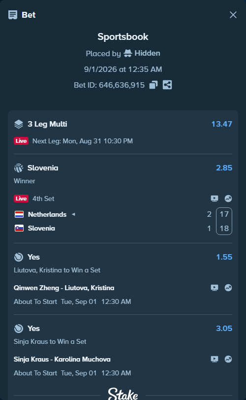 Bet slip: Netherlands - Slovenia, $10,000.00 stake at 2.85 odds, placed by Hidden
