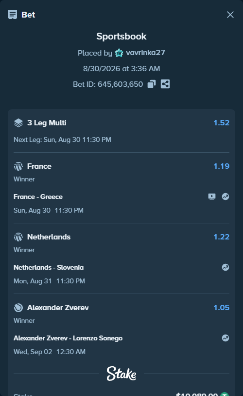 Bet slip: Netherlands - Slovenia, $10,089.00 stake at 1.22 odds, placed by vavrinka27