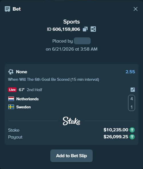 Bet slip: Netherlands - Sweden, $10,245.23 stake at 2.55 odds, placed by fhvsports