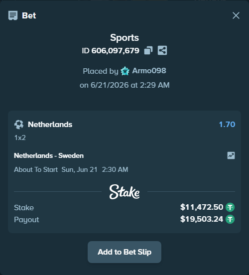 Bet slip: Netherlands - Sweden, $11,483.97 stake at 1.70 odds, placed by Armo098