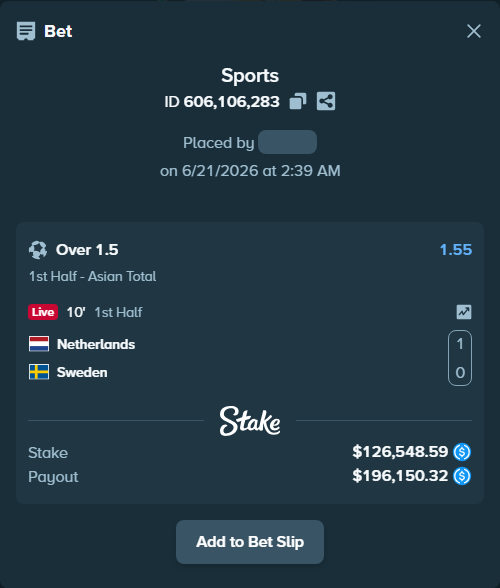 Bet slip: Netherlands - Sweden, $126,548.59 stake at 1.55 odds, placed by scrubbylolol