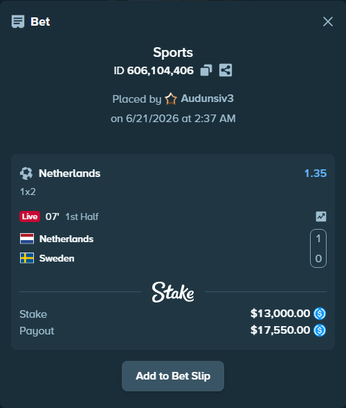 Bet slip: Netherlands - Sweden, $13,000.00 stake at 1.35 odds, placed by Audunsiv3