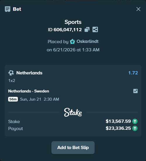Bet slip: Netherlands - Sweden, $13,581.16 stake at 1.72 odds, placed by Oskarlindt
