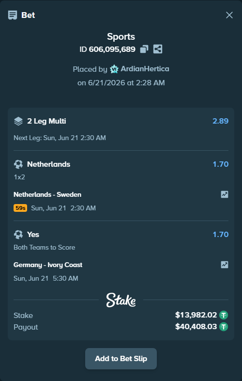 Bet slip: Netherlands - Sweden, $13,996.00 stake at 1.70 odds, placed by ArdianHertica