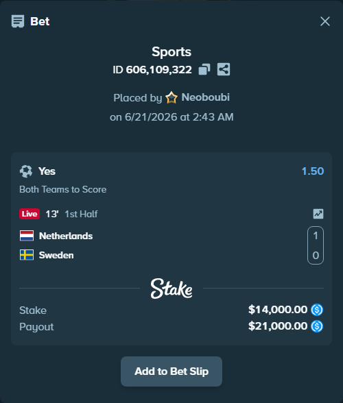 Bet slip: Netherlands - Sweden, $14,000.00 stake at 1.50 odds, placed by Neoboubi