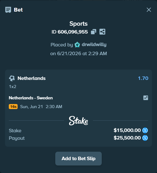 Bet slip: Netherlands - Sweden, $15,000.00 stake at 1.70 odds, placed by drwildwilly