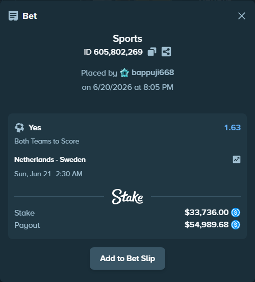 Bet slip: Netherlands - Sweden, $33,736.00 stake at 1.63 odds, placed by bappuji668