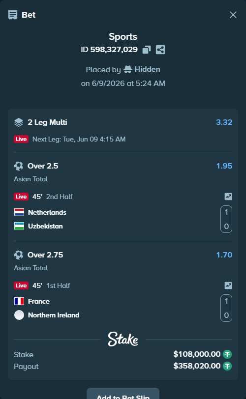 Bet slip: Netherlands - Uzbekistan, $108,000.00 stake at 1.95 odds, placed by Hidden