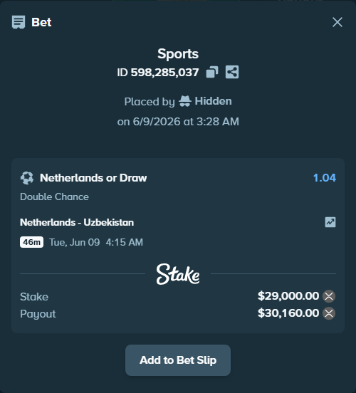 Bet slip: Netherlands - Uzbekistan, $28,650.98 stake at 1.04 odds, placed by Hidden