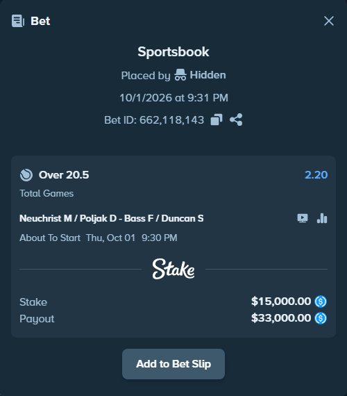 Bet slip: Neuchrist M / Poljak D - Bass F / Duncan S, $15,000.00 stake at 2.20 odds, placed by Hidden