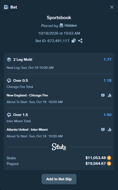 Bet slip: New England - Chicago Fire, $11,107.54 stake at 1.18 odds, placed by Hidden