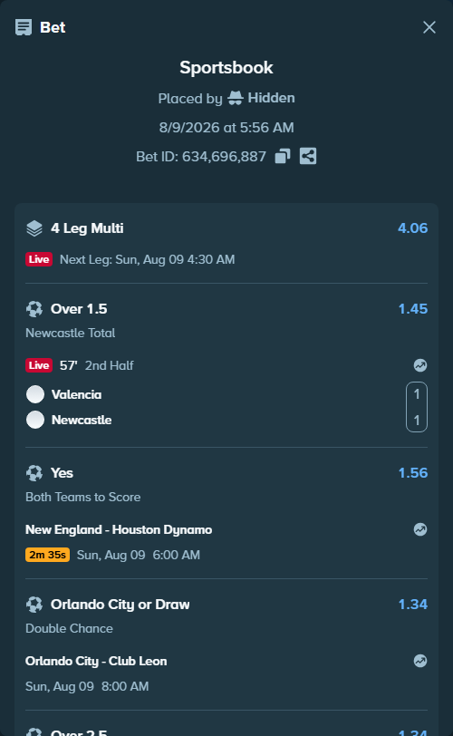 Bet slip: New England - Houston Dynamo, $11,512.08 stake at 1.56 odds, placed by Hidden