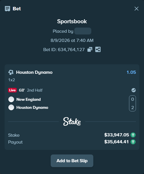 Bet slip: New England - Houston Dynamo, $33,981.00 stake at 1.05 odds, placed by antoniku