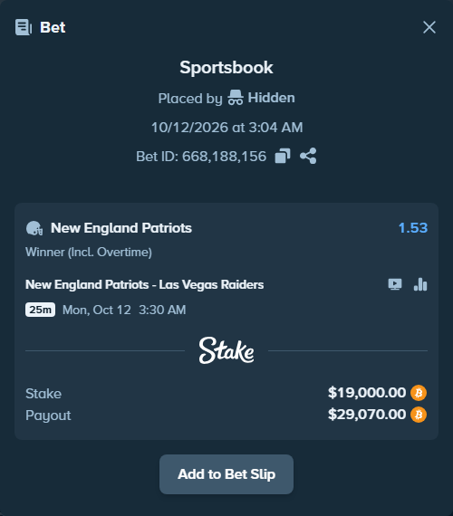 Bet slip: New England Patriots - Las Vegas Raiders, $18,986.59 stake at 1.53 odds, placed by Dzokoichoi