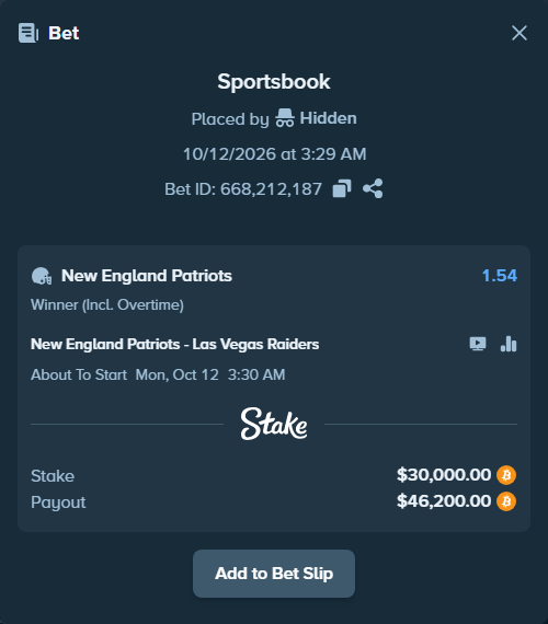 Bet slip: New England Patriots - Las Vegas Raiders, $29,987.01 stake at 1.54 odds, placed by Dzokoichoi