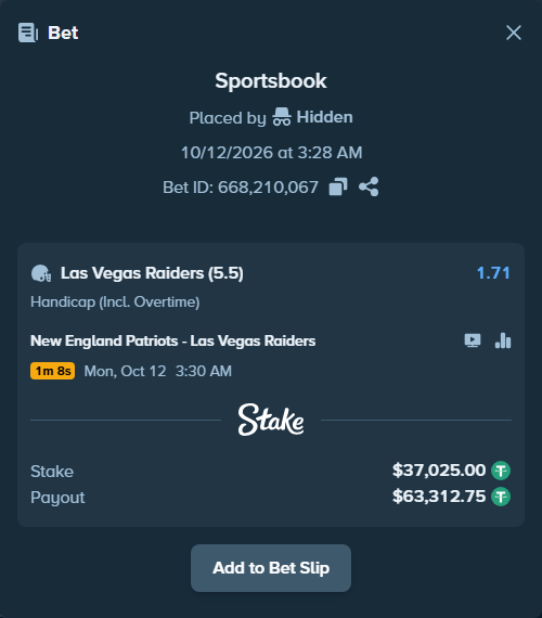 Bet slip: New England Patriots - Las Vegas Raiders, $37,062.02 stake at 1.71 odds, placed by Hidden