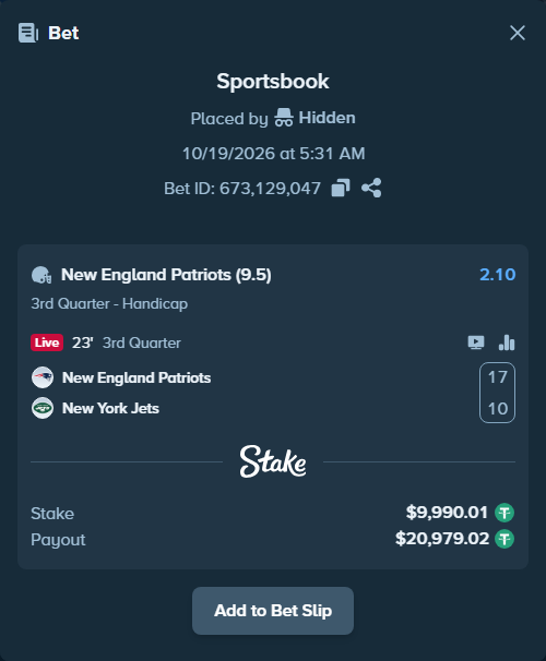 Bet slip: New England Patriots - New York Jets, $10,000.00 stake at 2.10 odds, placed by Hidden