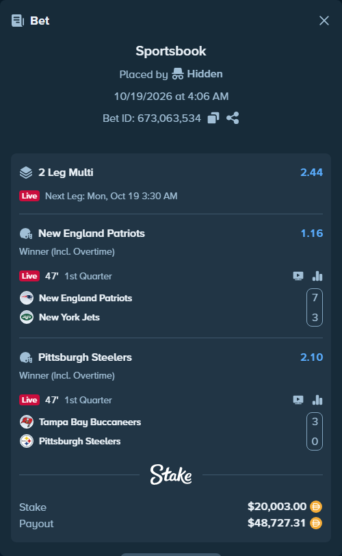 Bet slip: New England Patriots - New York Jets, $20,003.00 stake at 1.16 odds, placed by Hidden